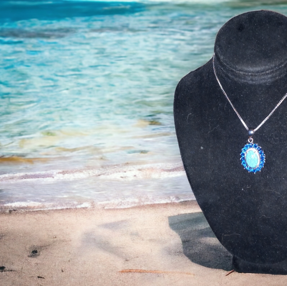 E-014 NWOT Lab Created Opal & Blue Sapphire Necklace